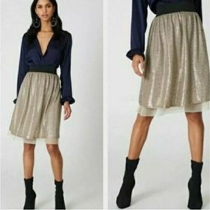 Free People XS Flashing Lights Midi Skirt Gold Taupe Metallic Sequin New